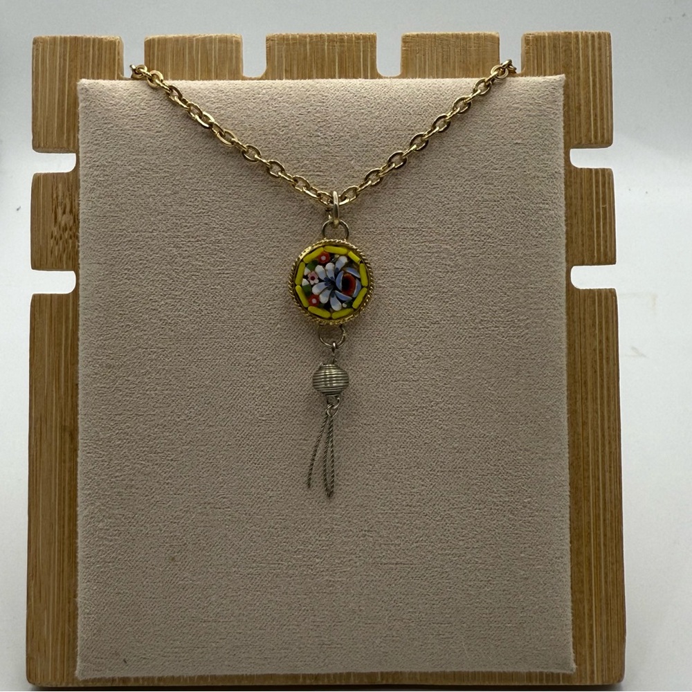 Elegant Gold tone micro mosaic Pendant Necklace